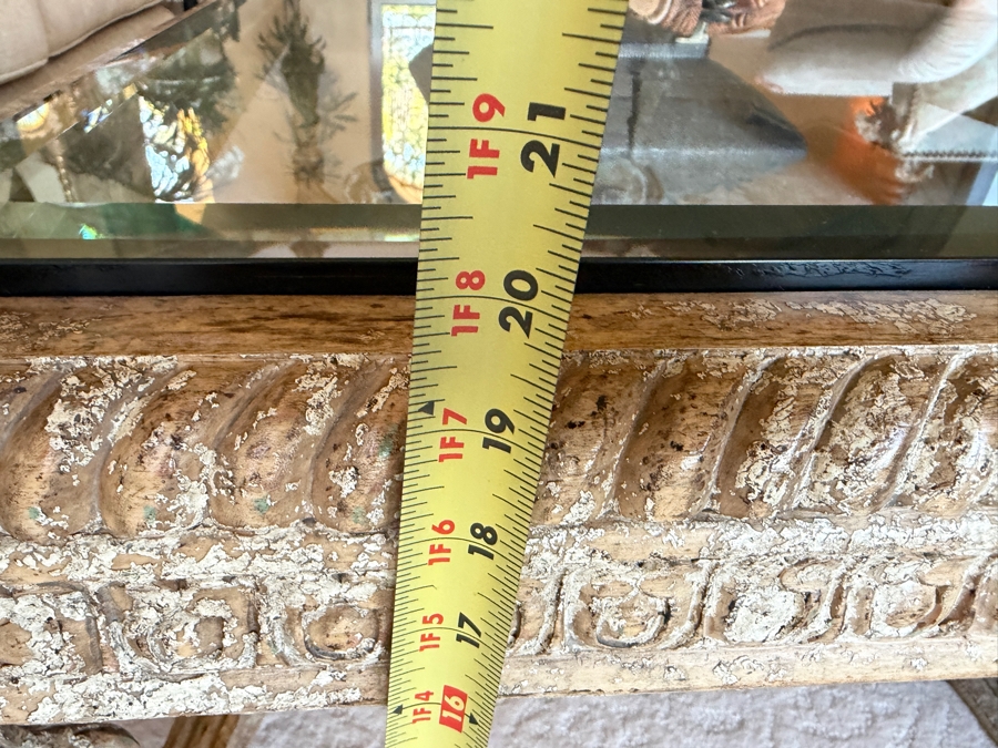 Baroque Style Glass Top Cocktail Table With Wooden Base 59W X 31D X 20.5H [Photo 10]