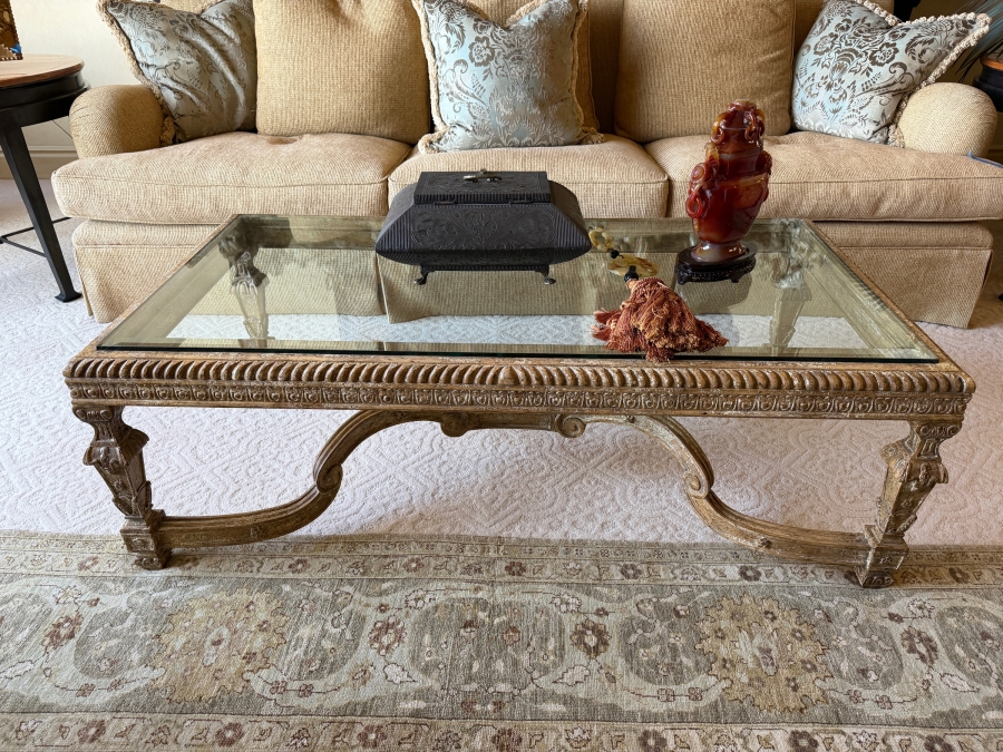 Baroque Style Glass Top Cocktail Table With Wooden Base 59W X 31D X 20.5H