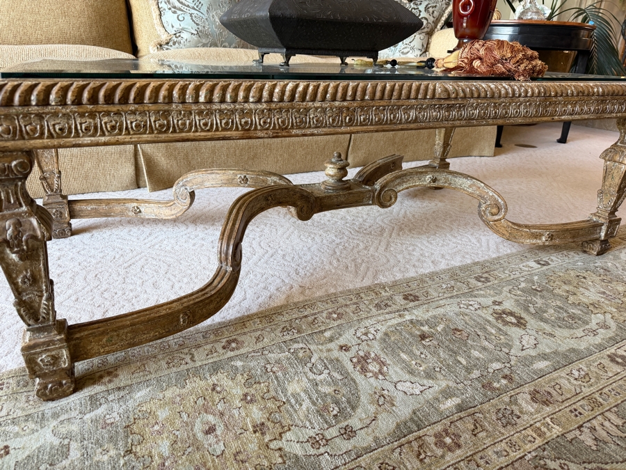 Baroque Style Glass Top Cocktail Table With Wooden Base 59W X 31D X 20.5H [Photo 4]