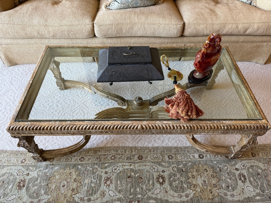 Baroque Style Glass Top Cocktail Table With Wooden Base 59W X 31D X 20.5H [Photo 3]