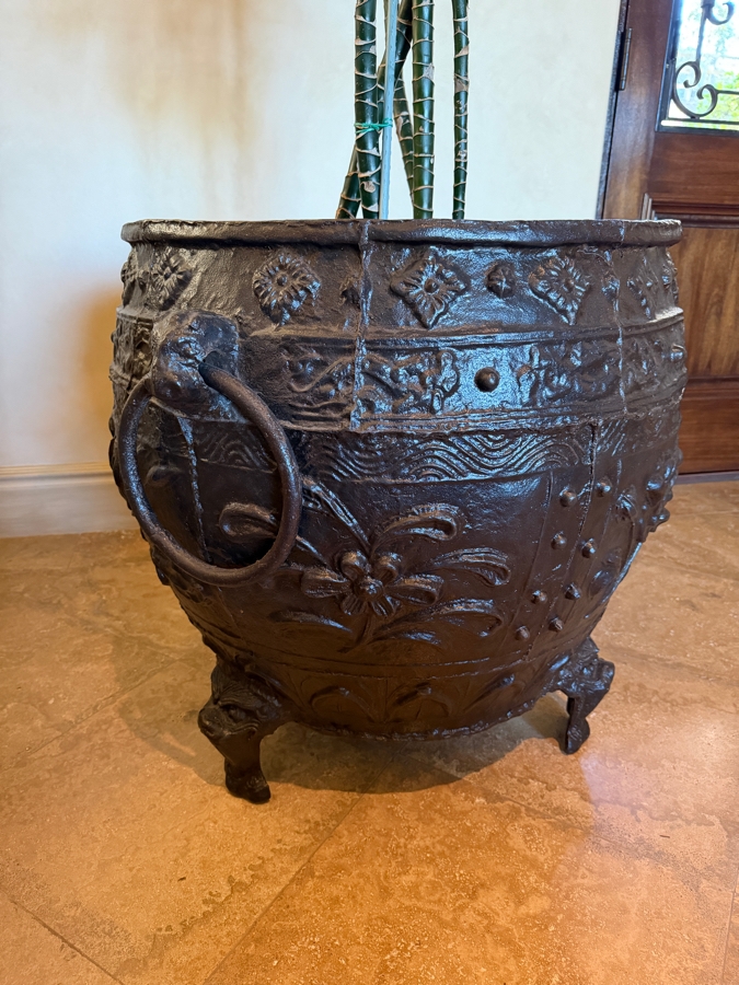 Huge Cast Iron Footed Urn Metal Planter 27.5W X 30H With Artificial Indoor Plant [Photo 2]