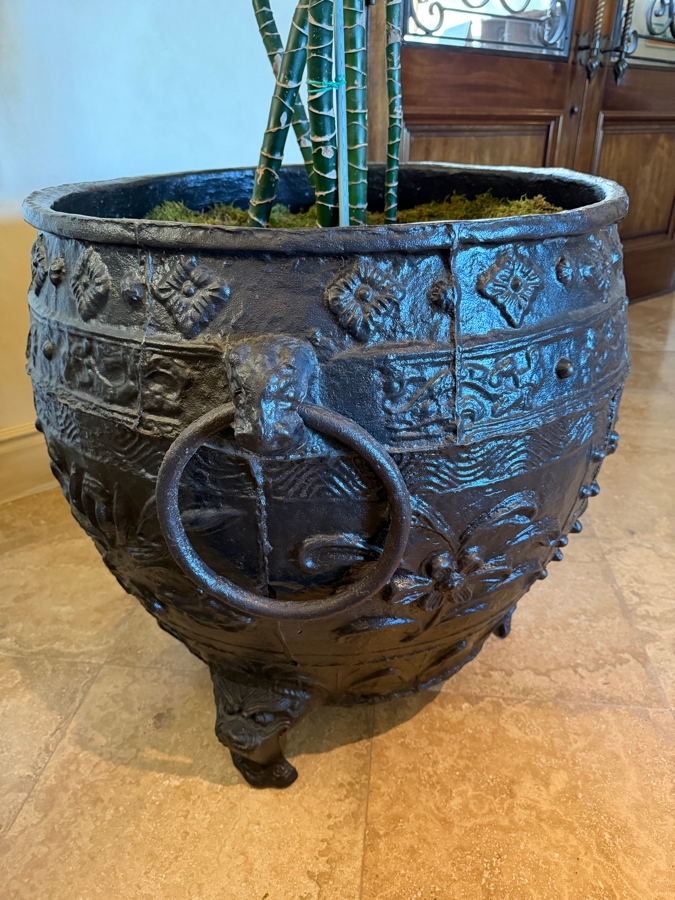 Huge Cast Iron Footed Urn Metal Planter 27.5W X 30H With Artificial Indoor Plant [Photo 5]
