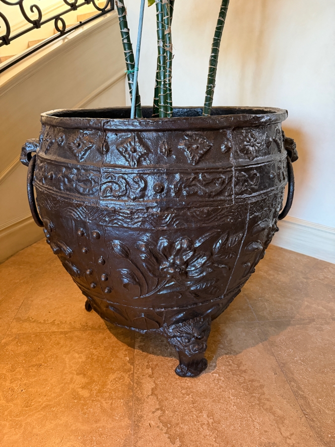 Huge Cast Iron Footed Urn Metal Planter 27.5W X 30H With Artificial Indoor Plant [Photo 3]