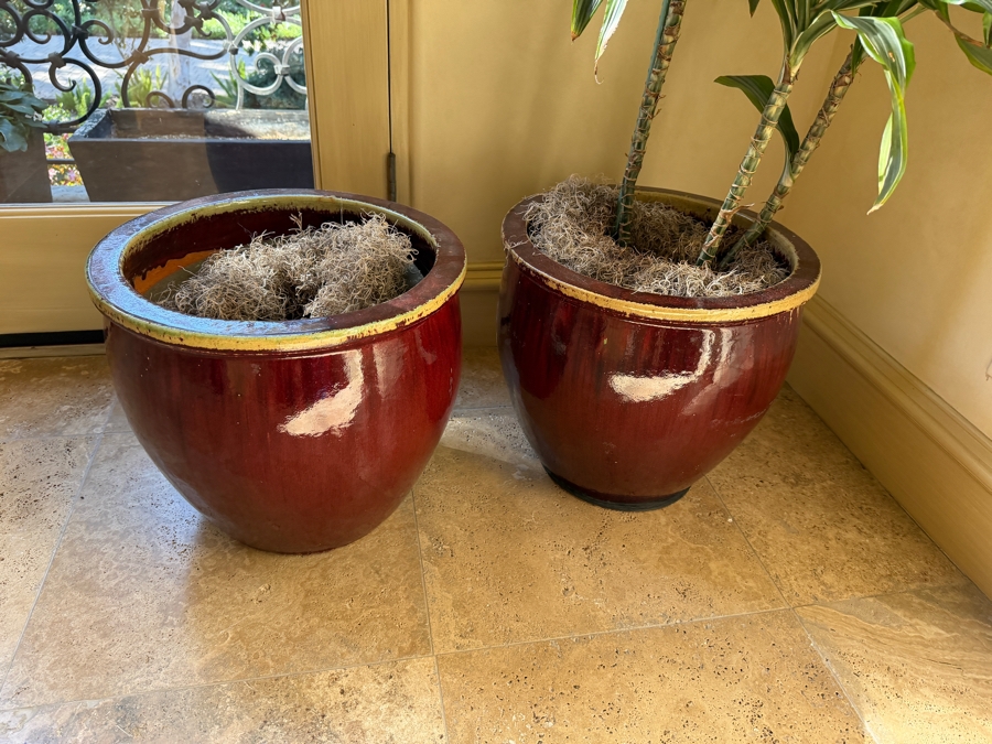 Pair Of Glazed Planter Pots 16W X 15H (One With An Artificial Plant 64'H) [Photo 2]