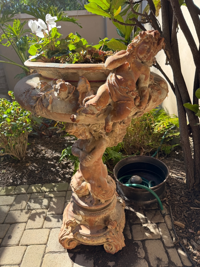 Vintage Figural Cherub Terracotta Planter 30W X 52H