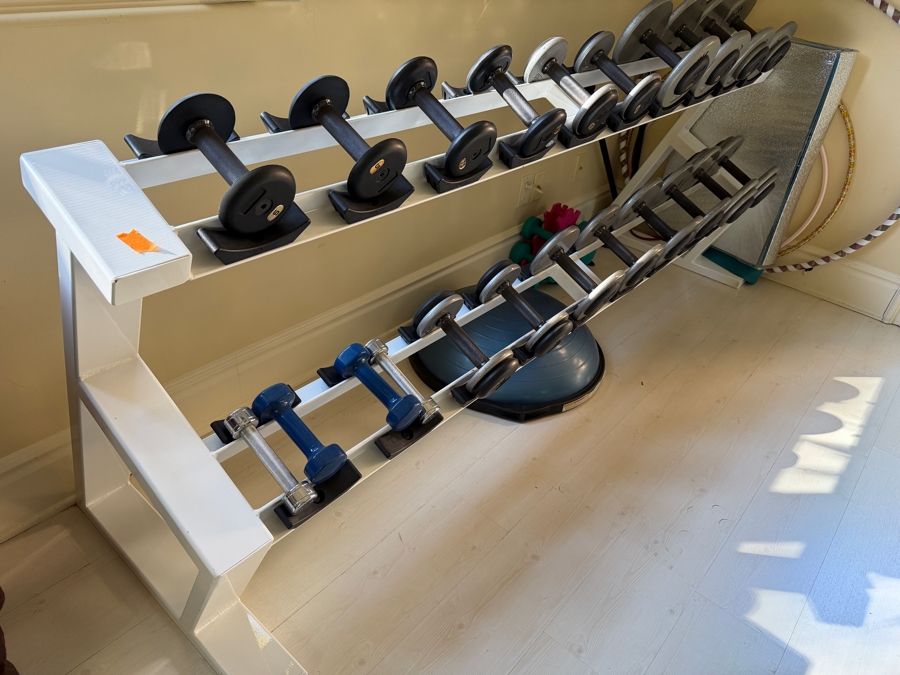 Large Powder Coated Metal Dumbbell Rack With Assorted Dumbbells 93W X 27D X 35H [Photo 2]