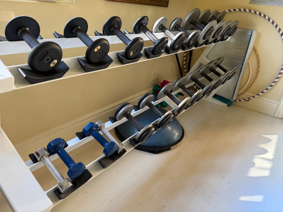 Large Powder Coated Metal Dumbbell Rack With Assorted Dumbbells 93W X 27D X 35H [Photo 3]