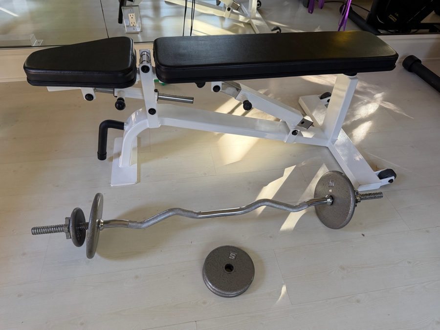 Adjustable Incline Exercise Bench With Curl Bar And Weights