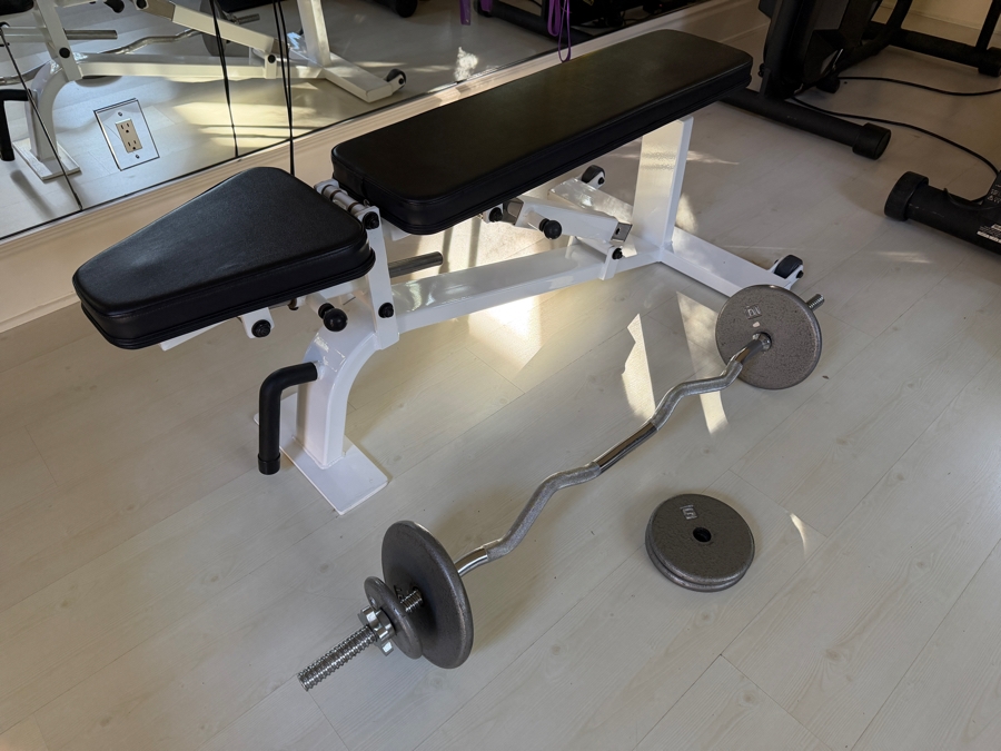 Adjustable Incline Exercise Bench With Curl Bar And Weights [Photo 2]