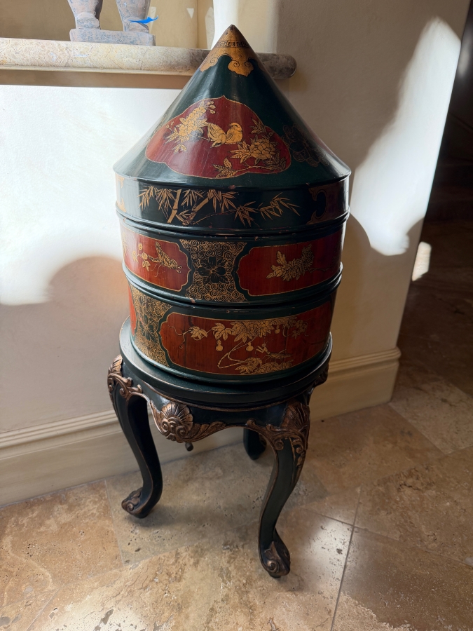 Vintage Chinese Three Tiered Lacquer Wedding Basket With Stand 16W X 35H