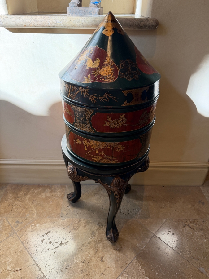 Vintage Chinese Three Tiered Lacquer Wedding Basket With Stand 16W X 35H [Photo 2]