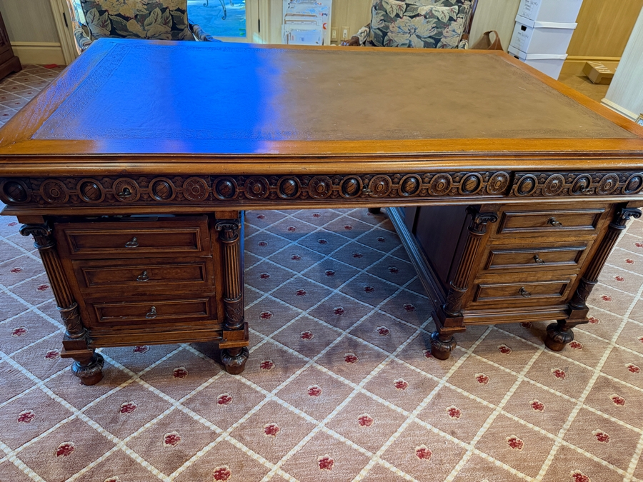 Antique Ornately Carved Wooden Leather Top Partner Desk 65.5W X 42D X 30.5H [Photo 4]