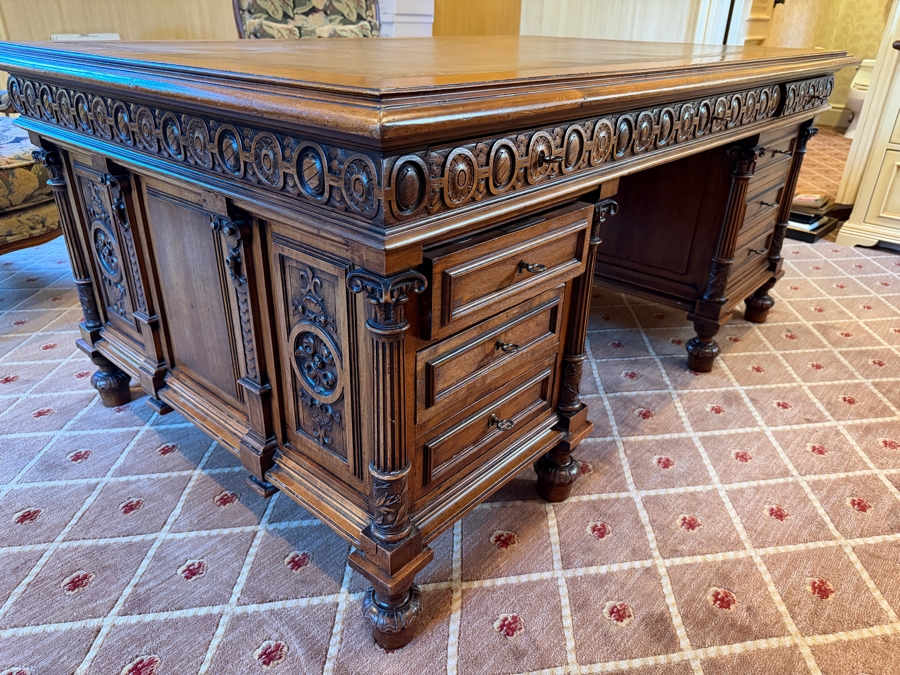 Antique Ornately Carved Wooden Leather Top Partner Desk 65.5W X 42D X 30.5H [Photo 3]