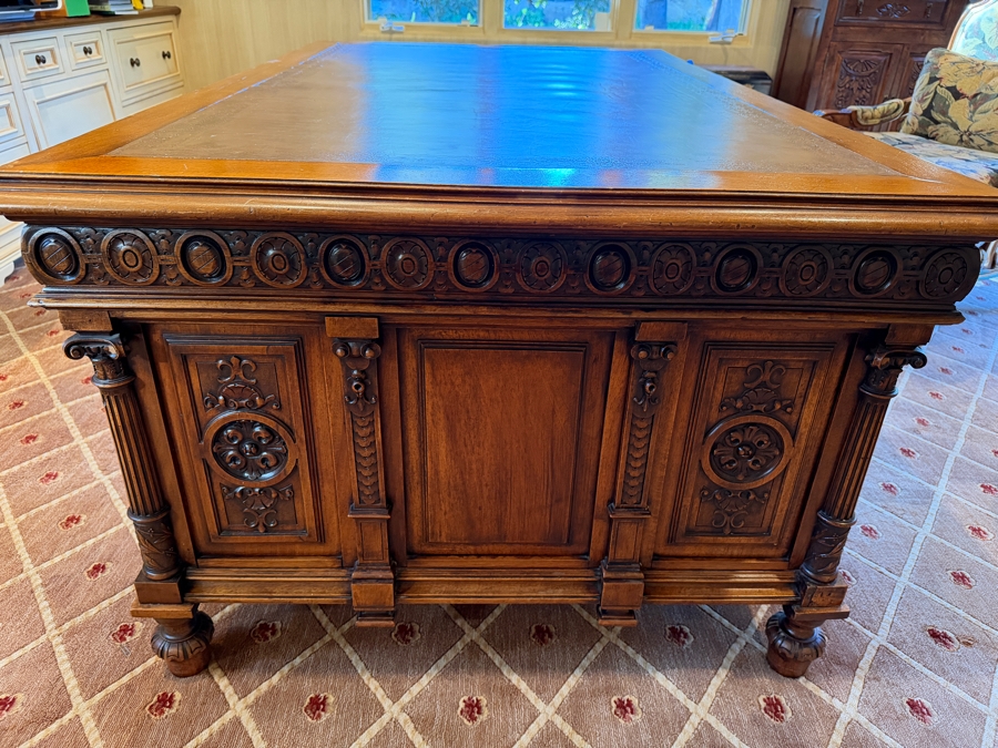 Antique Ornately Carved Wooden Leather Top Partner Desk 65.5W X 42D X 30.5H [Photo 6]