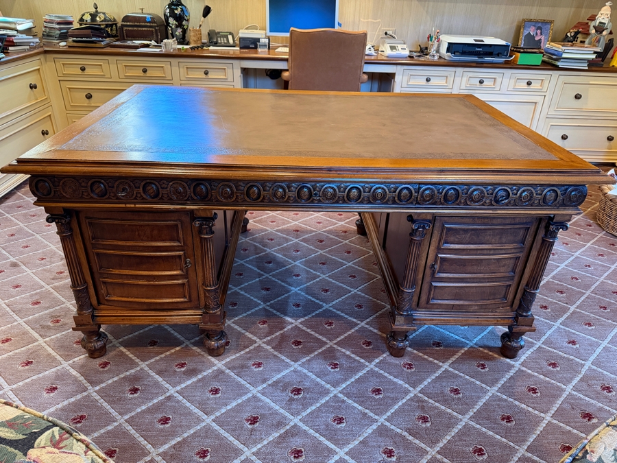 Antique Ornately Carved Wooden Leather Top Partner Desk 65.5W X 42D X 30.5H [Photo 7]