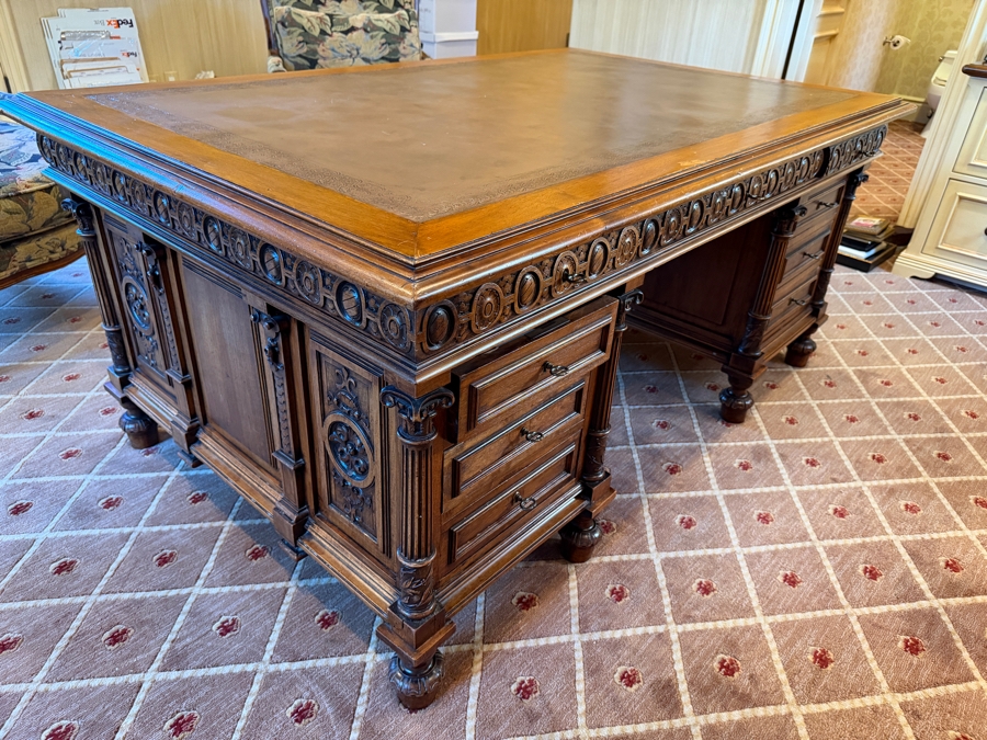 Antique Ornately Carved Wooden Leather Top Partner Desk 65.5W X 42D X 30.5H [Photo 2]