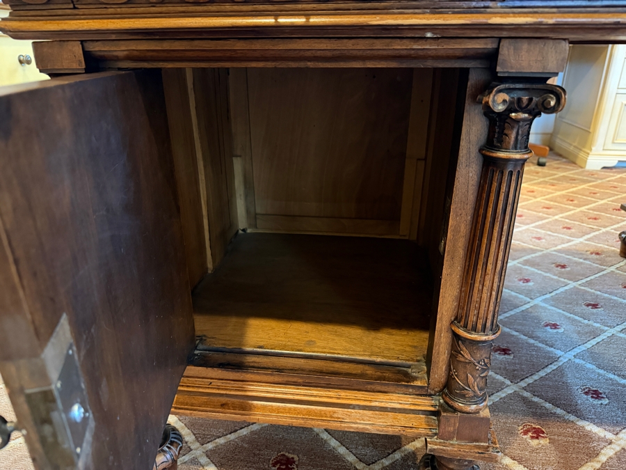 Antique Ornately Carved Wooden Leather Top Partner Desk 65.5W X 42D X 30.5H [Photo 11]