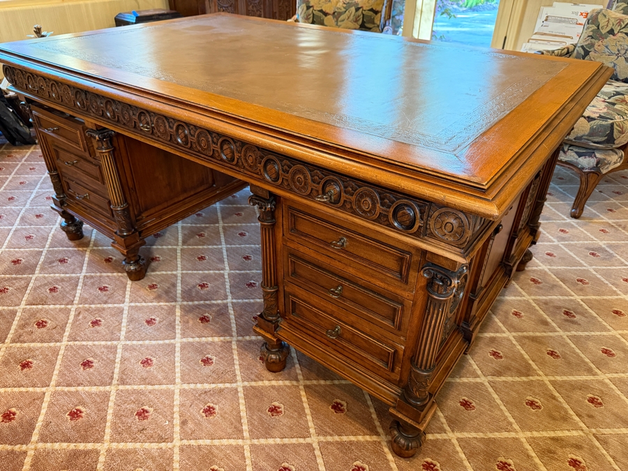 Antique Ornately Carved Wooden Leather Top Partner Desk 65.5W X 42D X 30.5H [Photo 5]
