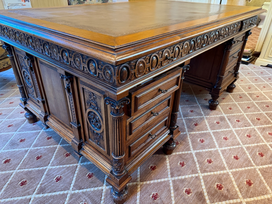 Antique Ornately Carved Wooden Leather Top Partner Desk 65.5W X 42D X 30.5H [Photo 9]