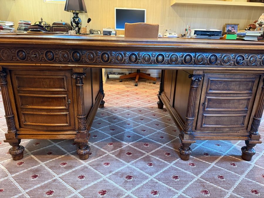 Antique Ornately Carved Wooden Leather Top Partner Desk 65.5W X 42D X 30.5H [Photo 8]