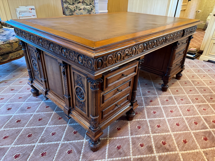 Antique Ornately Carved Wooden Leather Top Partner Desk 65.5W X 42D X 30.5H