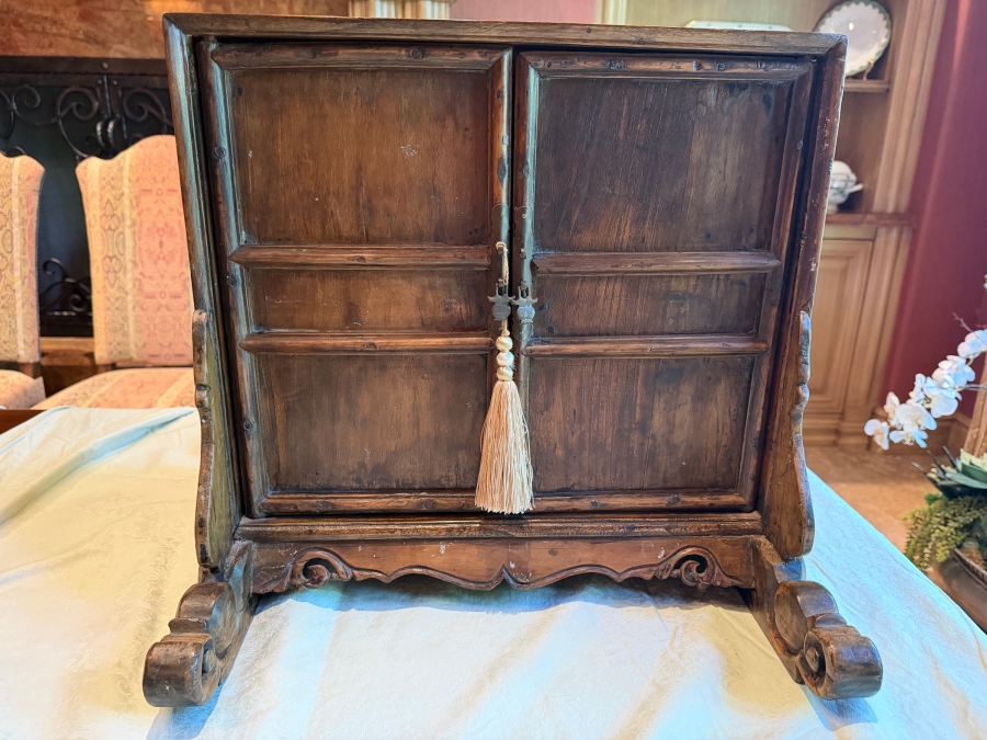 Antique Spanish Colonial Style Hand-Carved Walnut Storage Cabinet With Hand-Forged Iron Hardware and Scrolled Bracket Feet 18'W X 17'D X 17'H