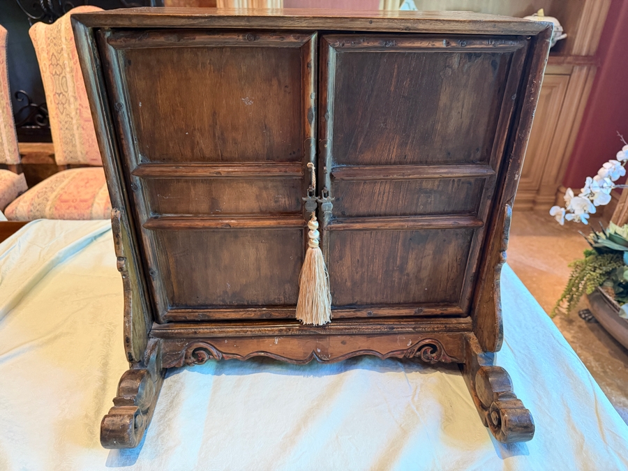 Antique Spanish Colonial Style Hand-Carved Walnut Storage Cabinet With Hand-Forged Iron Hardware and Scrolled Bracket Feet 18'W X 17'D X 17'H [Photo 2]