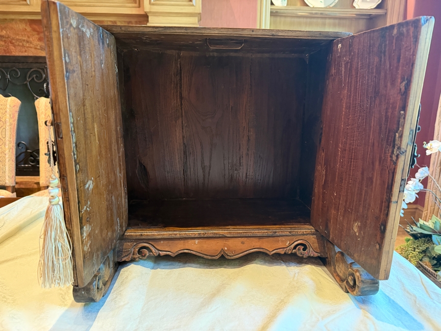 Antique Spanish Colonial Style Hand-Carved Walnut Storage Cabinet With Hand-Forged Iron Hardware and Scrolled Bracket Feet 18'W X 17'D X 17'H [Photo 4]