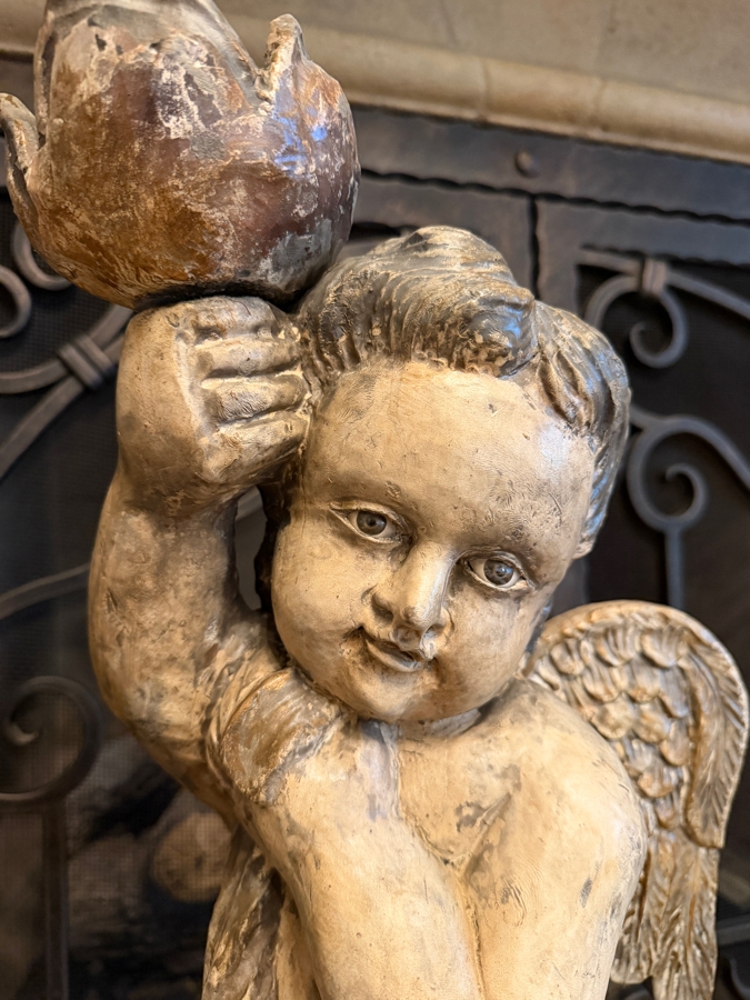 Pair Of Antique Carved Wooden Cherubs With Glass Eyes 29'H (RSF) [Photo 5]