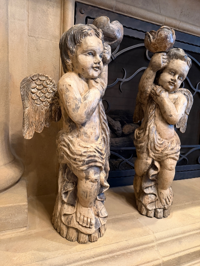 Pair Of Antique Carved Wooden Cherubs With Glass Eyes 29'H (RSF) [Photo 3]