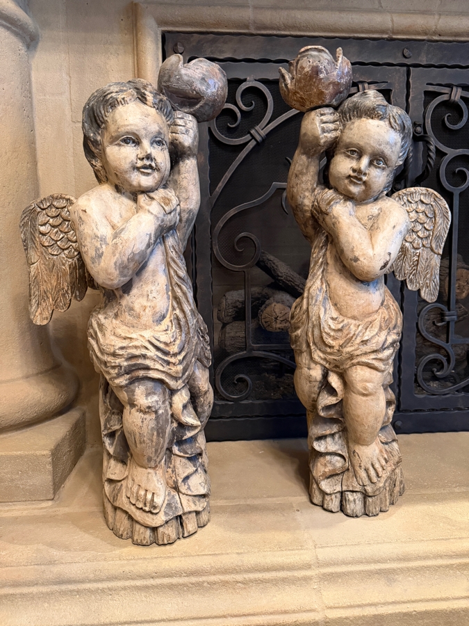 Pair Of Antique Carved Wooden Cherubs With Glass Eyes 29'H (RSF) [Photo 2]