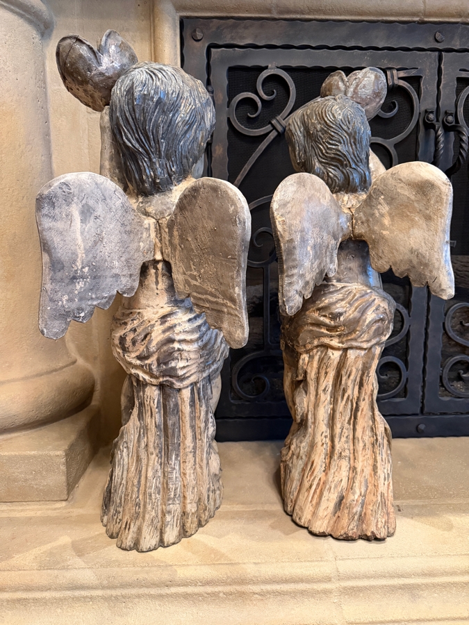 Pair Of Antique Carved Wooden Cherubs With Glass Eyes 29'H (RSF) [Photo 13]