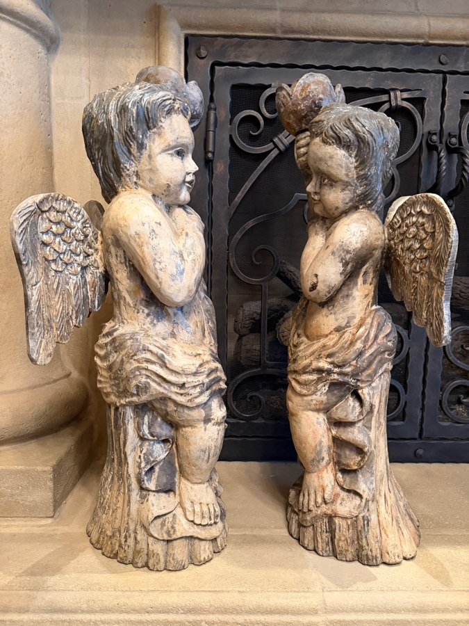 Pair Of Antique Carved Wooden Cherubs With Glass Eyes 29'H (RSF) [Photo 10]