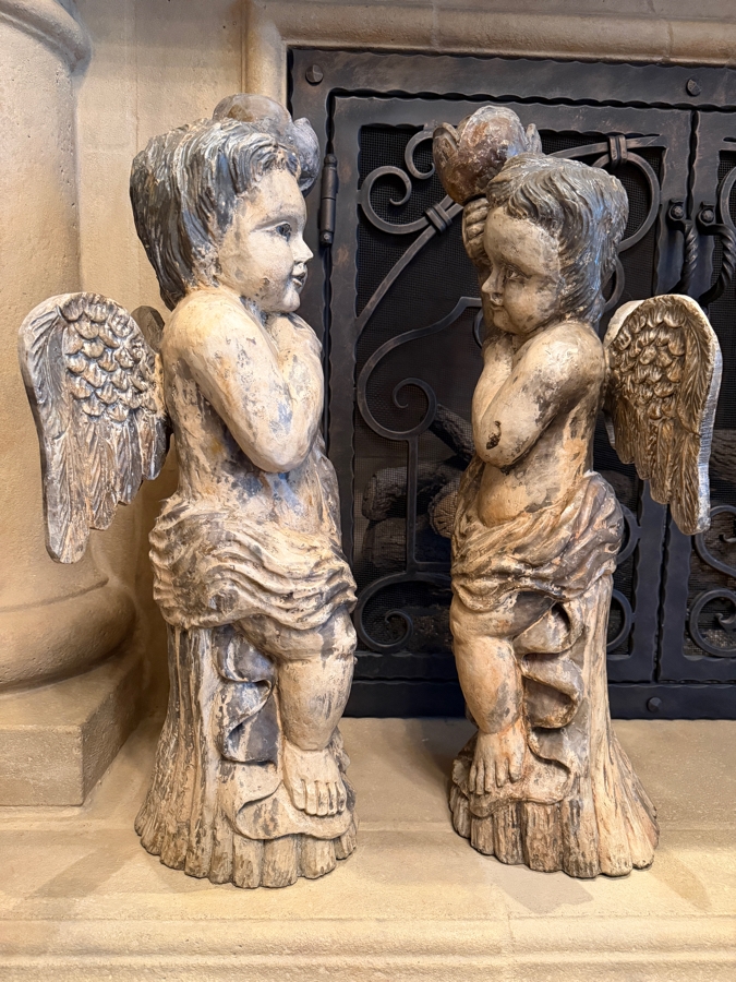 Pair Of Antique Carved Wooden Cherubs With Glass Eyes 29'H (RSF) [Photo 9]