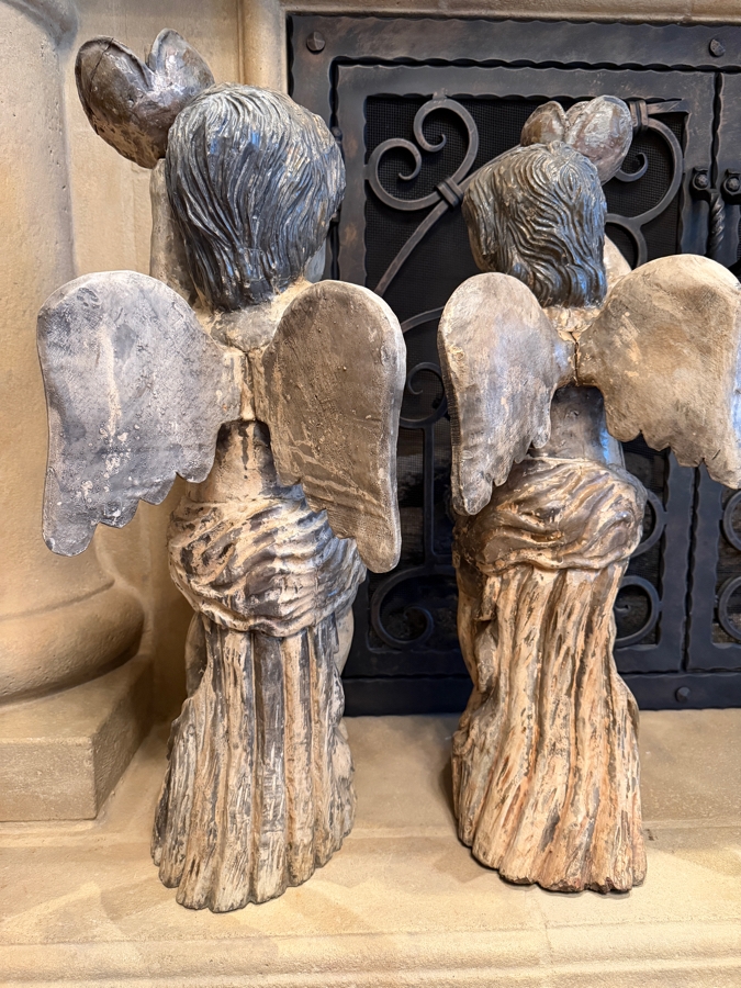 Pair Of Antique Carved Wooden Cherubs With Glass Eyes 29'H (RSF) [Photo 12]