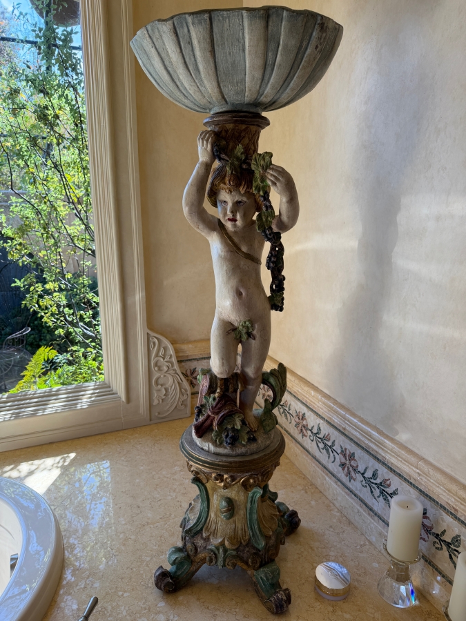 Vintage Italian Hand-Carved Wooden Baroque Polychrome Cherub Pedestal Plant Stand Featuring A Putto (Young Boy) With Grape Garland And Shell Basin 55'H Needs Glass Eyes (3 Pieces) (RSF)