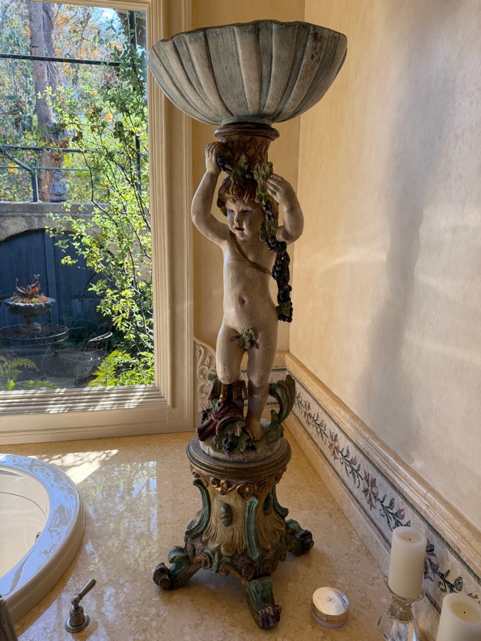 Vintage Italian Hand-Carved Wooden Baroque Polychrome Cherub Pedestal Plant Stand Featuring A Putto (Young Boy) With Grape Garland And Shell Basin 55'H Needs Glass Eyes (3 Pieces) (RSF) [Photo 3]