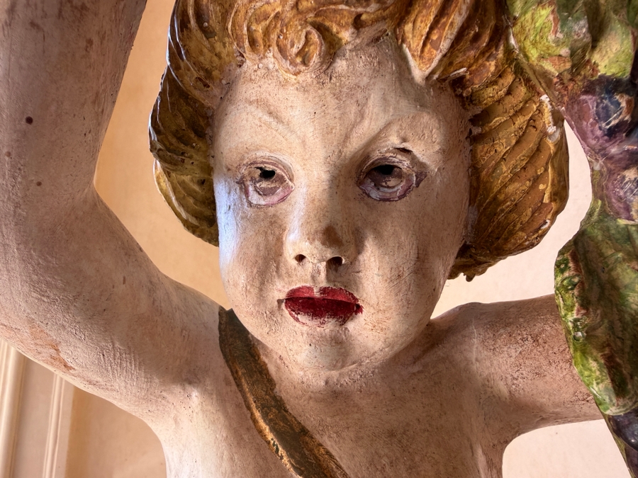 Vintage Italian Hand-Carved Wooden Baroque Polychrome Cherub Pedestal Plant Stand Featuring A Putto (Young Boy) With Grape Garland And Shell Basin 55'H Needs Glass Eyes (3 Pieces) (RSF) [Photo 5]