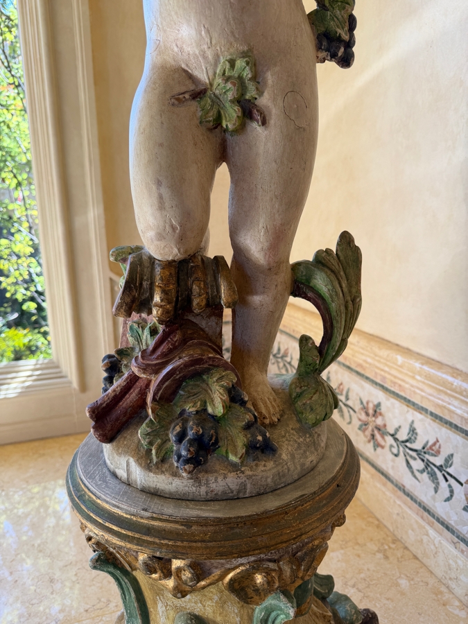 Vintage Italian Hand-Carved Wooden Baroque Polychrome Cherub Pedestal Plant Stand Featuring A Putto (Young Boy) With Grape Garland And Shell Basin 55'H Needs Glass Eyes (3 Pieces) (RSF) [Photo 8]