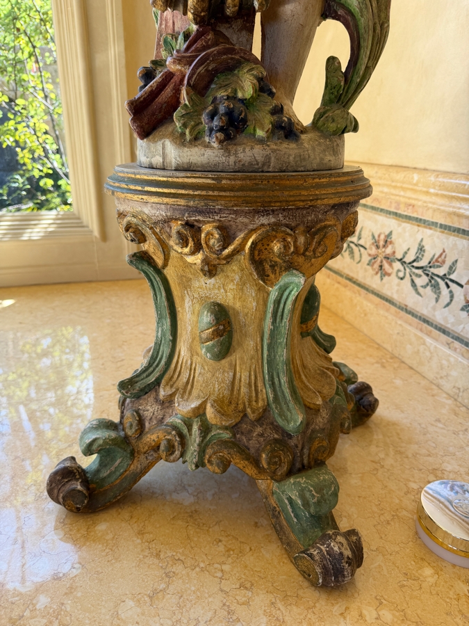 Vintage Italian Hand-Carved Wooden Baroque Polychrome Cherub Pedestal Plant Stand Featuring A Putto (Young Boy) With Grape Garland And Shell Basin 55'H Needs Glass Eyes (3 Pieces) (RSF) [Photo 7]