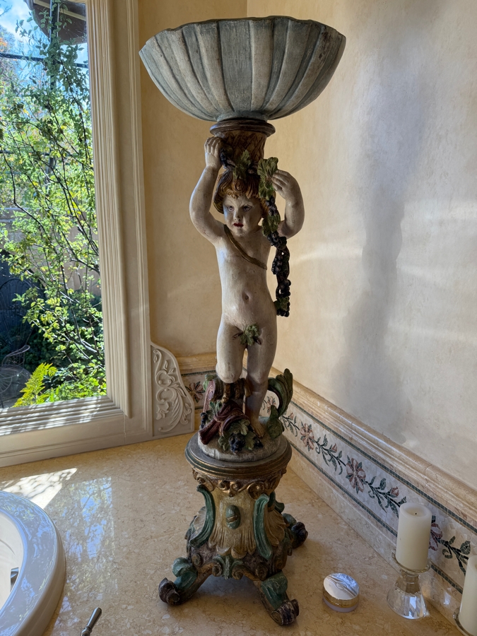Vintage Italian Hand-Carved Wooden Baroque Polychrome Cherub Pedestal Plant Stand Featuring A Putto (Young Boy) With Grape Garland And Shell Basin 55'H Needs Glass Eyes (3 Pieces) (RSF) [Photo 2]