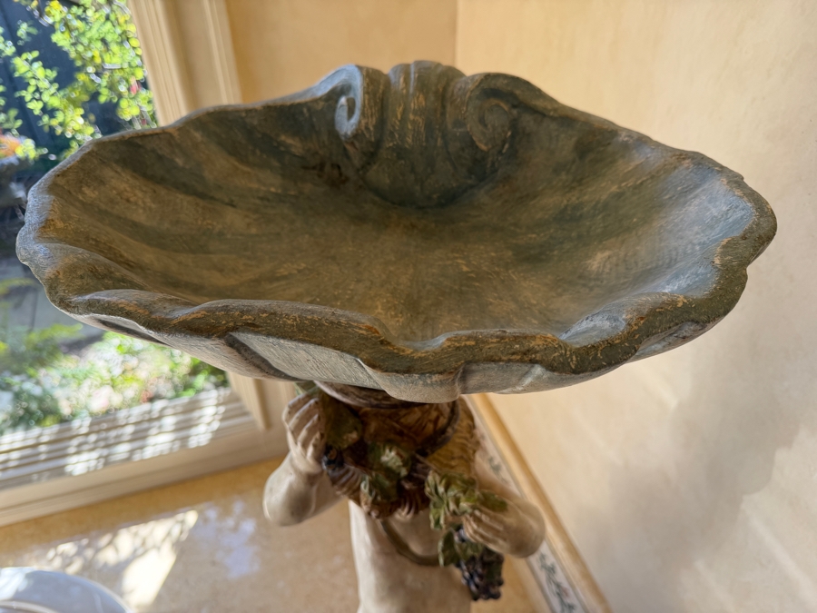 Vintage Italian Hand-Carved Wooden Baroque Polychrome Cherub Pedestal Plant Stand Featuring A Putto (Young Boy) With Grape Garland And Shell Basin 55'H Needs Glass Eyes (3 Pieces) (RSF) [Photo 6]