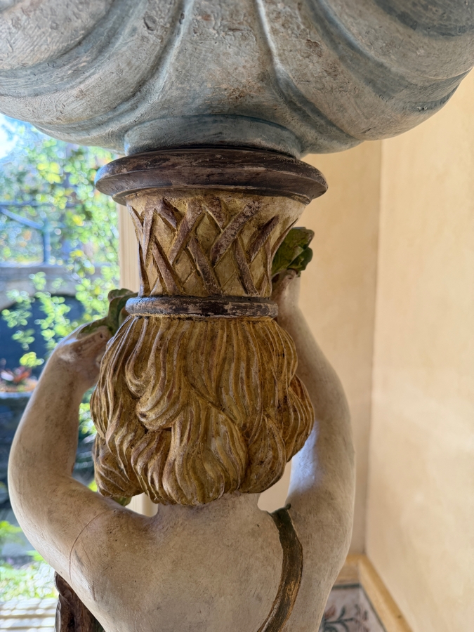 Vintage Italian Hand-Carved Wooden Baroque Polychrome Cherub Pedestal Plant Stand Featuring A Putto (Young Boy) With Grape Garland And Shell Basin 55'H Needs Glass Eyes (3 Pieces) (RSF) [Photo 12]