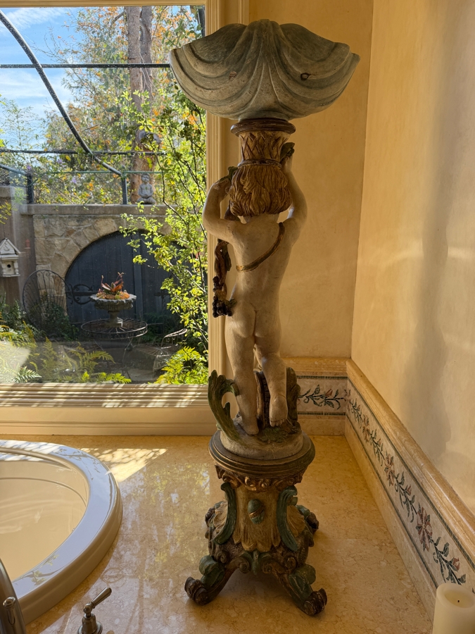 Vintage Italian Hand-Carved Wooden Baroque Polychrome Cherub Pedestal Plant Stand Featuring A Putto (Young Boy) With Grape Garland And Shell Basin 55'H Needs Glass Eyes (3 Pieces) (RSF) [Photo 10]