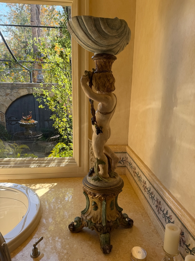 Vintage Italian Hand-Carved Wooden Baroque Polychrome Cherub Pedestal Plant Stand Featuring A Putto (Young Boy) With Grape Garland And Shell Basin 55'H Needs Glass Eyes (3 Pieces) (RSF) [Photo 9]