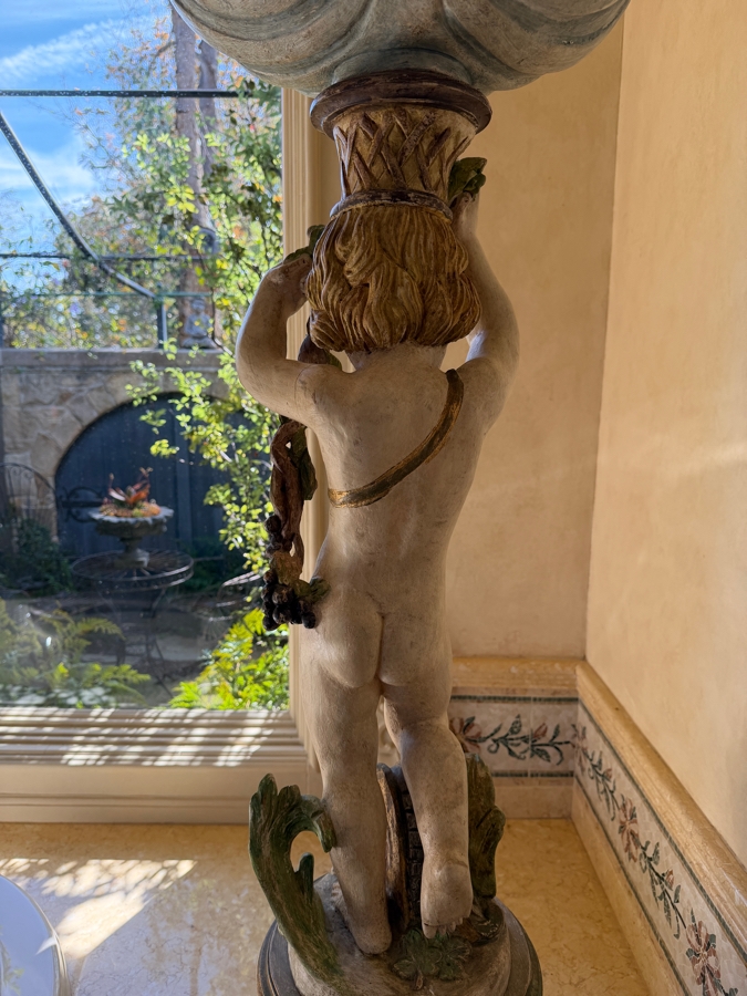 Vintage Italian Hand-Carved Wooden Baroque Polychrome Cherub Pedestal Plant Stand Featuring A Putto (Young Boy) With Grape Garland And Shell Basin 55'H Needs Glass Eyes (3 Pieces) (RSF) [Photo 11]