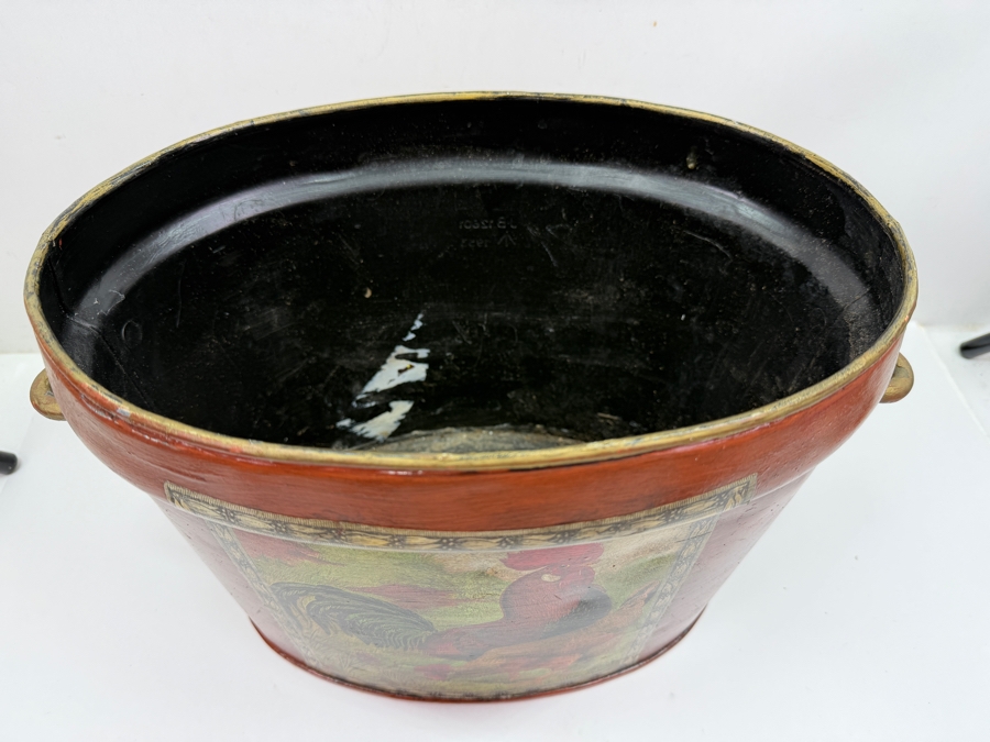 Vintage Farmhouse Style Rooster And Hen Metal Toleware Bucket With Hand-Painted Folk Art And Rustic Gold Accents 15'W X 9'D X 10'H (RSF) [Photo 4]
