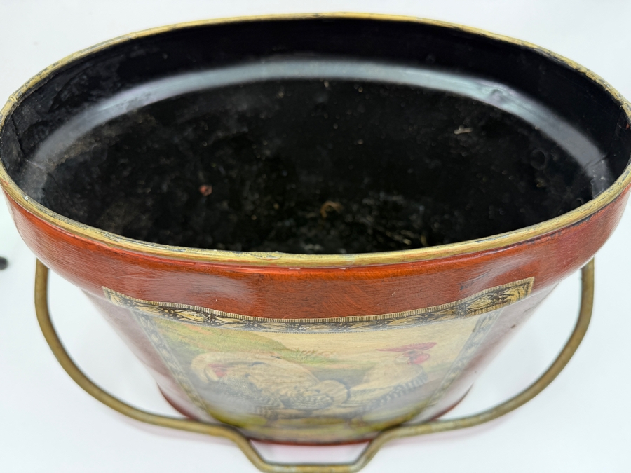 Vintage Farmhouse Style Rooster And Hen Metal Toleware Bucket With Hand-Painted Folk Art And Rustic Gold Accents 15'W X 9'D X 10'H (RSF) [Photo 8]