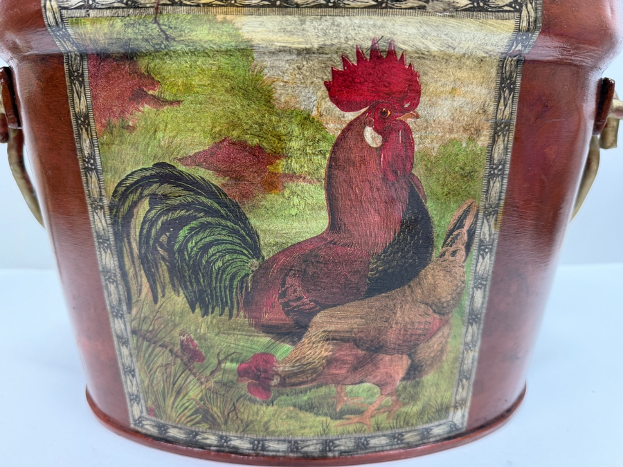 Vintage Farmhouse Style Rooster And Hen Metal Toleware Bucket With Hand-Painted Folk Art And Rustic Gold Accents 15'W X 9'D X 10'H (RSF) [Photo 3]