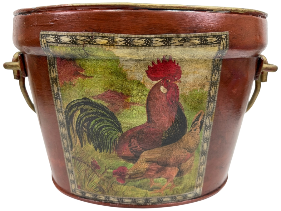 Vintage Farmhouse Style Rooster And Hen Metal Toleware Bucket With Hand-Painted Folk Art And Rustic Gold Accents 15'W X 9'D X 10'H (RSF)